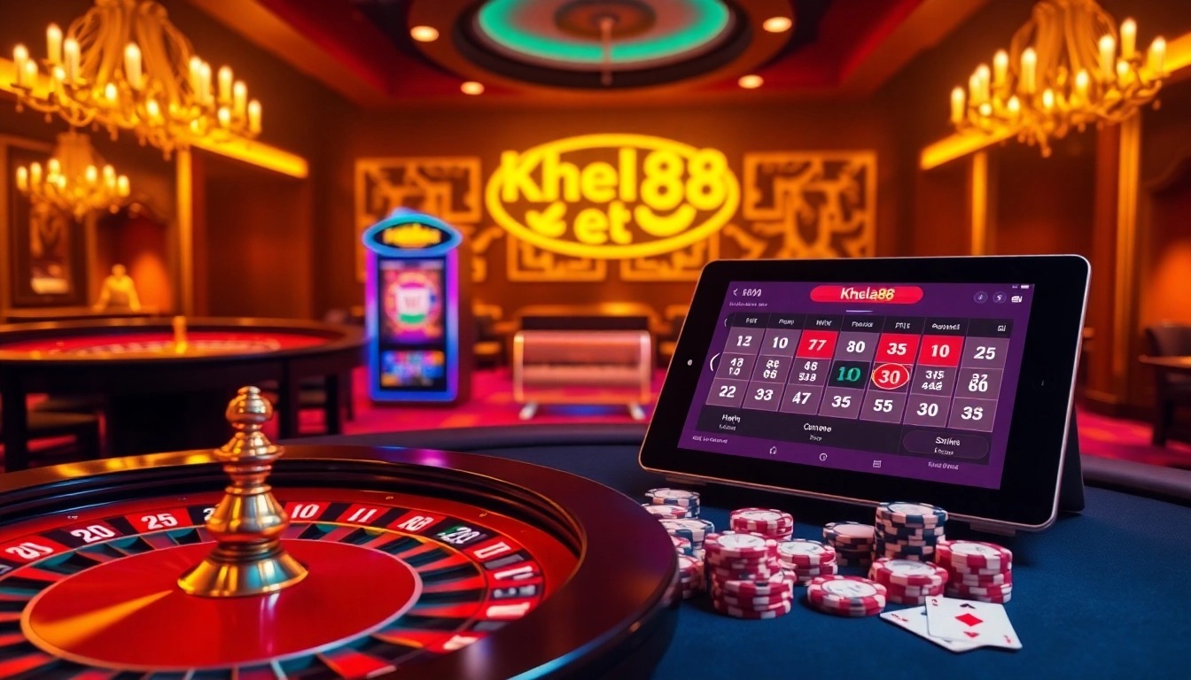 Khela88 online betting interface showcasing luxury casino games and vibrant gambling elements.
