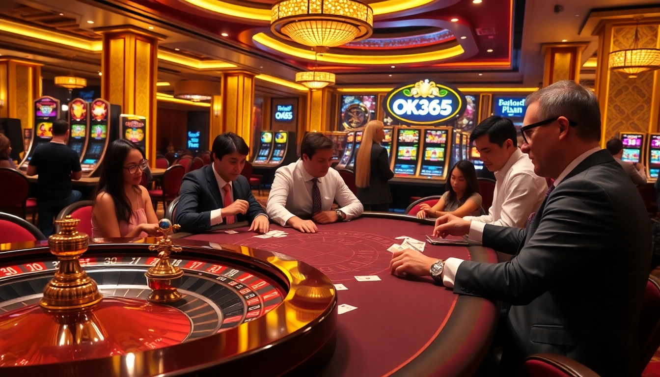 Players engaging at an OK365 blackjack table in a luxurious casino setting.