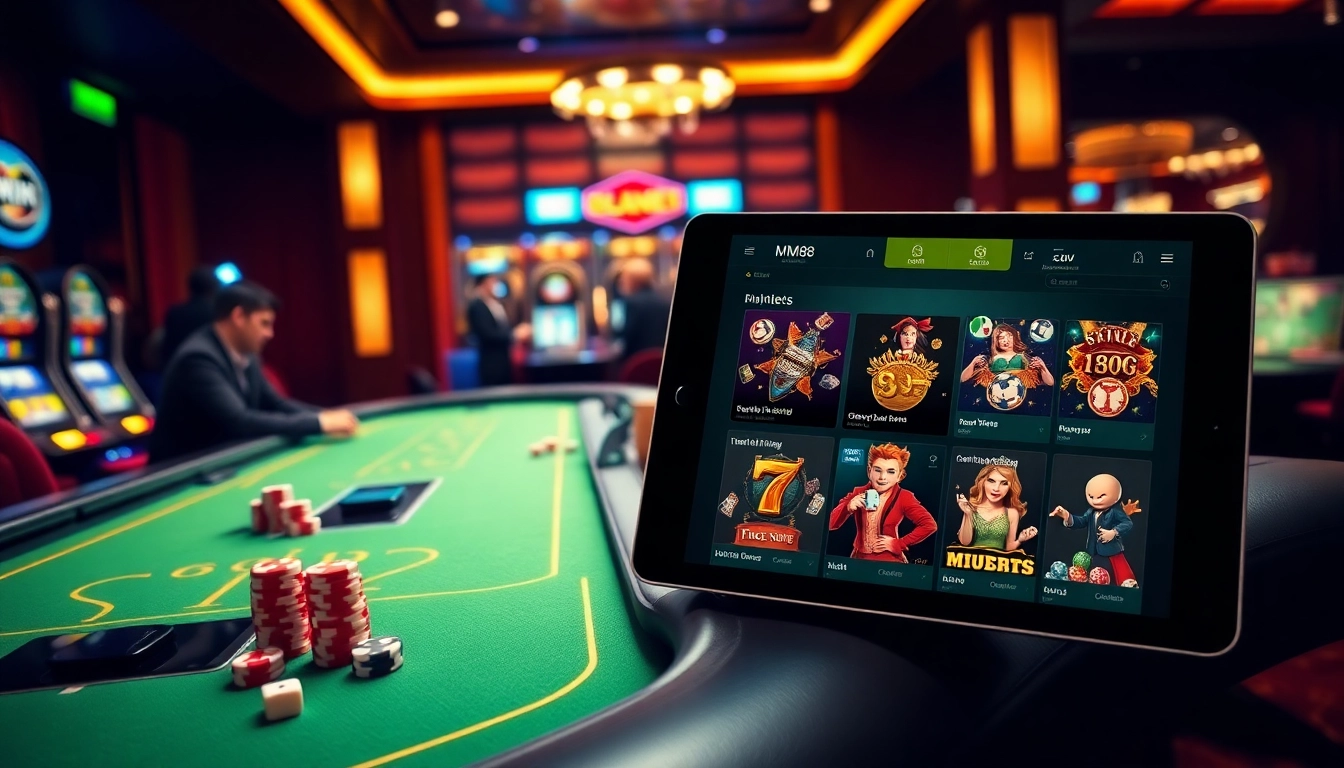 Experience the thrill of gambling with MM88 HOW in a luxurious casino environment, featuring dynamic gaming elements.