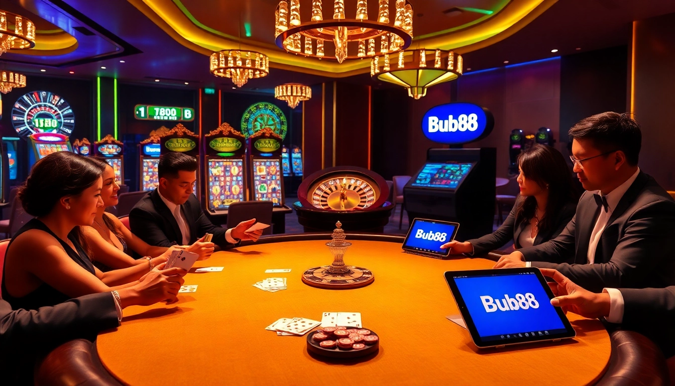 Bu88 players engaged at a luxurious poker table in a vibrant casino setting, highlighting excitement and strategy.