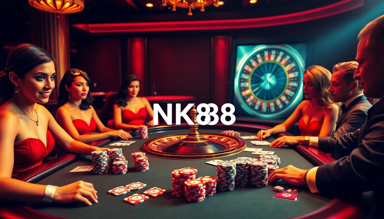 NK88 players strategizing at a poker table, showcasing vibrant gaming atmosphere and luxury.