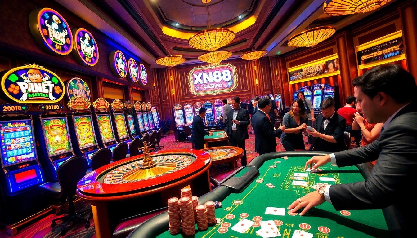 Experience thrilling gaming at xn88 with players enjoying slots and roulette in a vibrant casino.