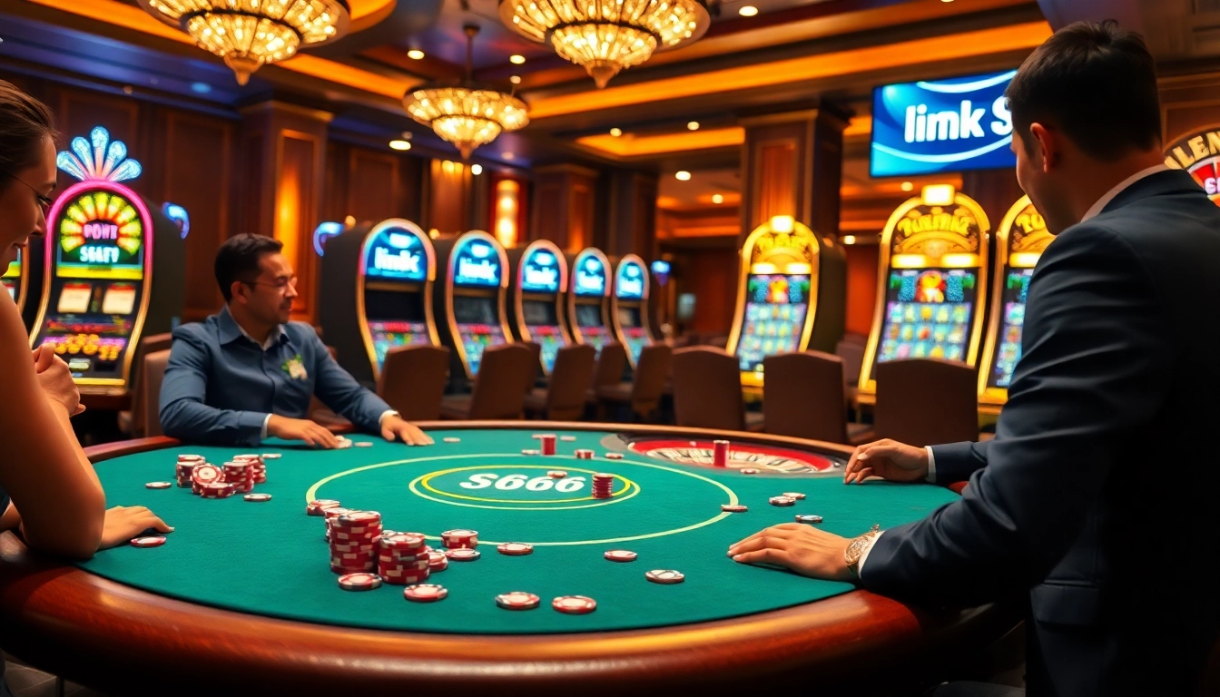 Exciting gameplay at a poker table featuring link S666, vibrant chips, and roulette wheel.