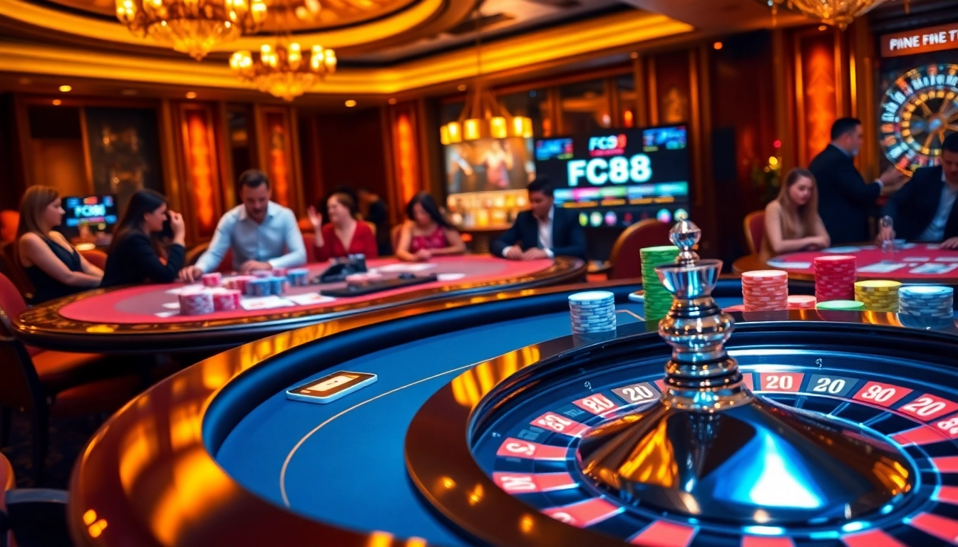 Engaging poker players at a luxurious casino table featuring the essence of FC88 betting excitement.