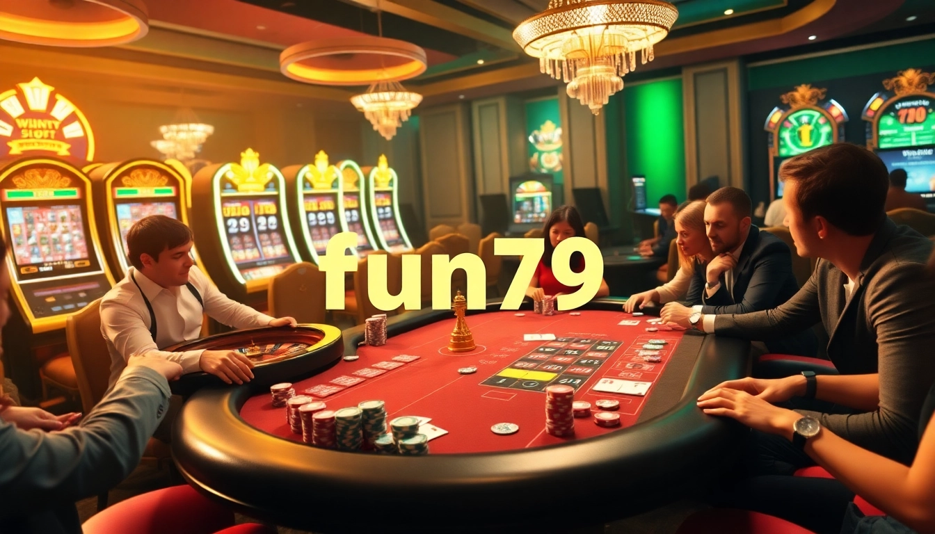 Players enjoying poker and casino games at fun79, showcasing vibrant chips and excitement.