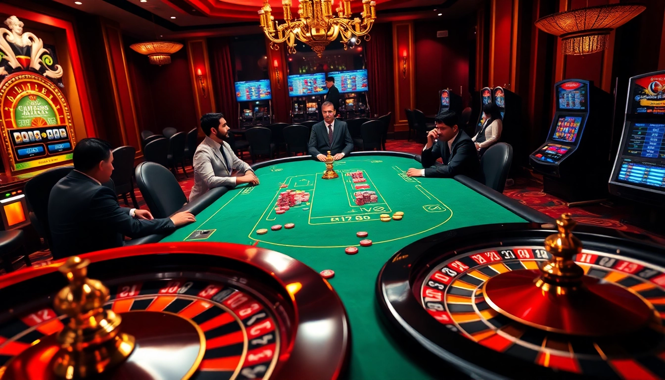 Engaged players at a high-stakes table, embodying the thrill of gambling at https://f8bet11.net/ with colorful chips and a roulette wheel.