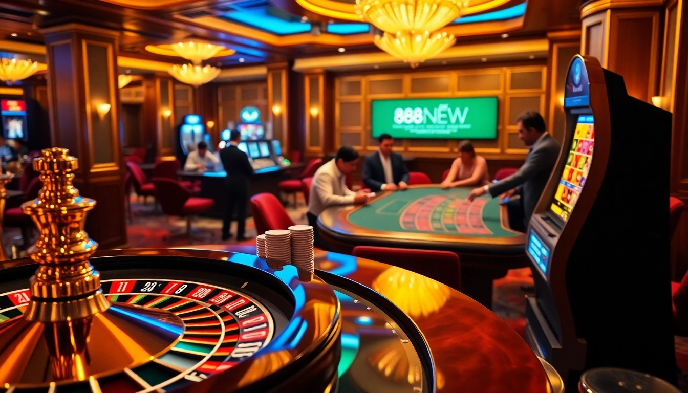 Experience the thrill of gambling at 888NEW with vibrant casino tables and slot machines.