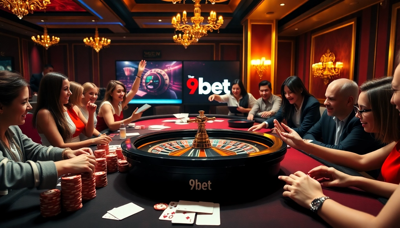 Players engaged in a thrilling game at 9bet's casino table, surrounded by vibrant colors.