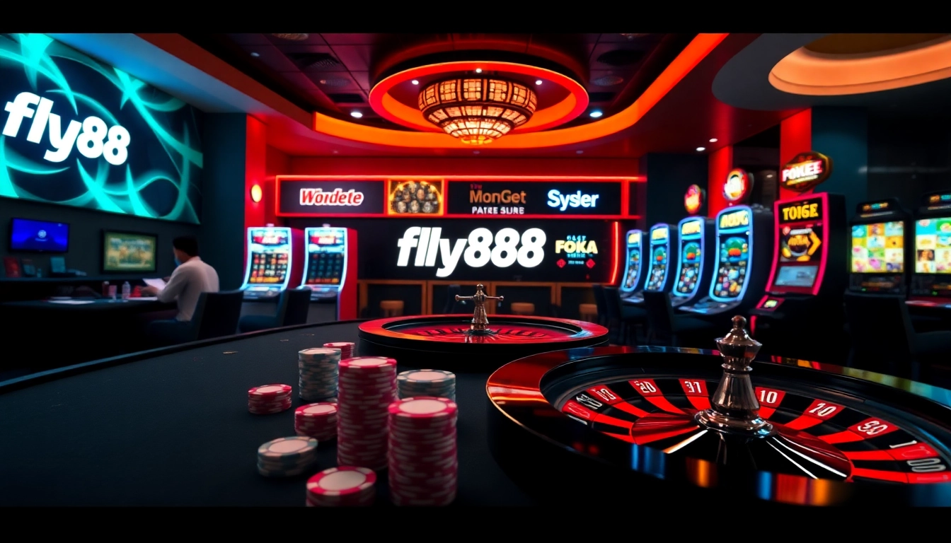 Engaging moment at nhà cái fly88 poker table with chips and slot machines.