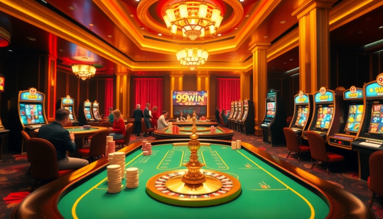 Action-packed scene of players enjoying poker and roulette at 99WIN casino, capturing excitement and luxury.