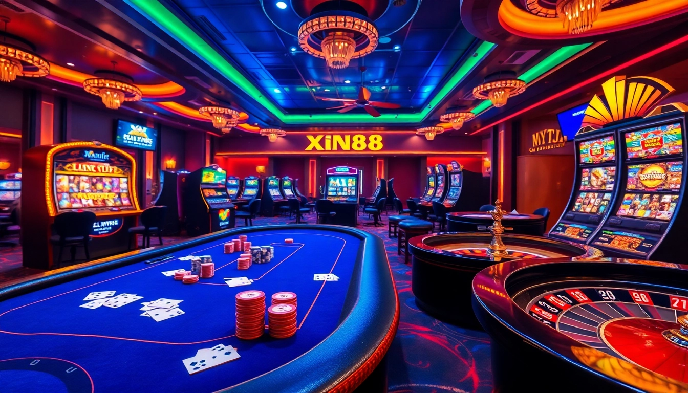 Experience the excitement of XIN88 with a luxurious casino atmosphere featuring vibrant games and betting tables.