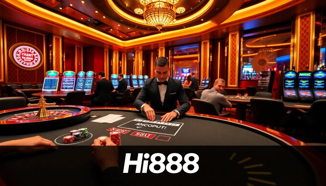 Experience the thrill of Hi888 with players engaged at a luxurious poker table, surrounded by vibrant casino elements.