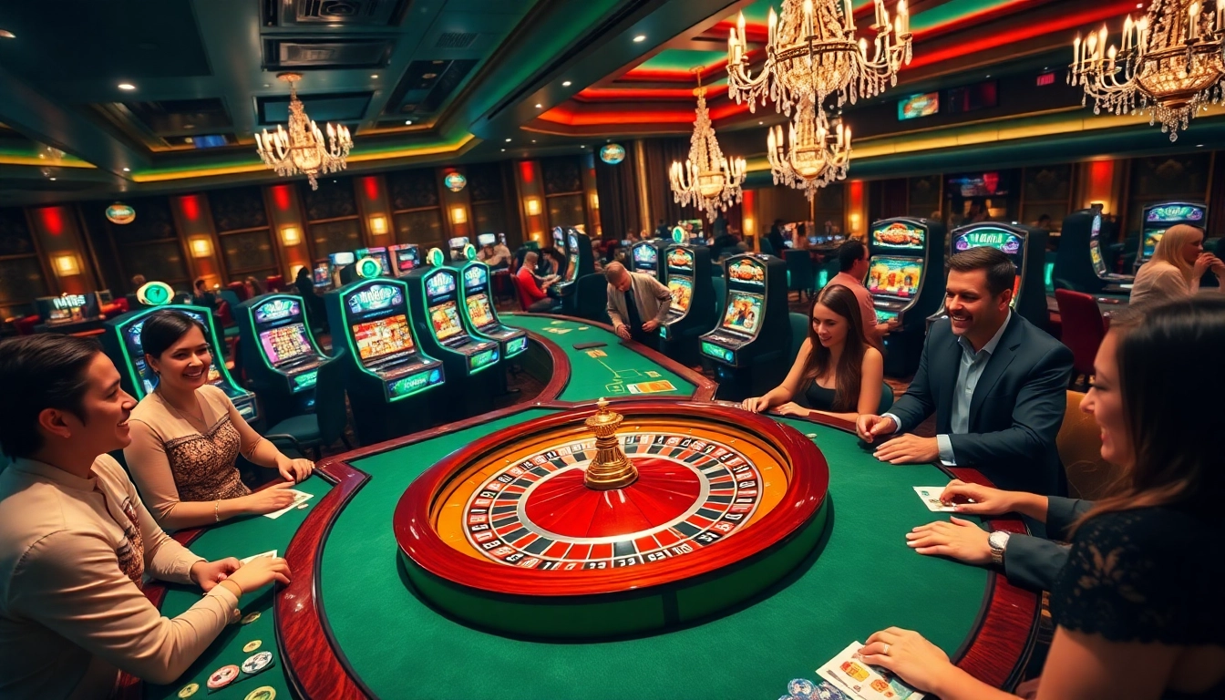 Players enjoying an exciting game in the luxurious king88 casino, with roulette and slot machines.