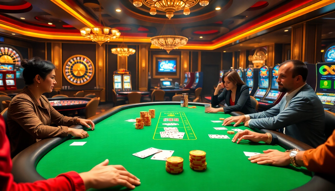 Exciting RR88 casino scene with poker table, roulette wheel, and vibrant gambling atmosphere.