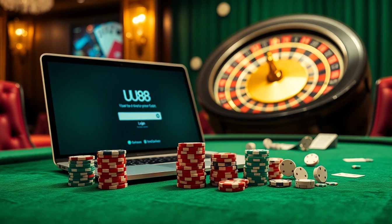 Engage with UU88's premium online gambling experience featuring a luxurious casino scene.