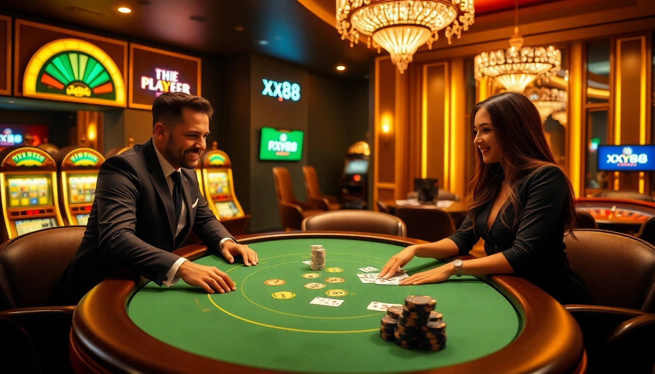 Engaging gamblers at the luxe xx88 blackjack table featuring glamorous players and vibrant slot machines.