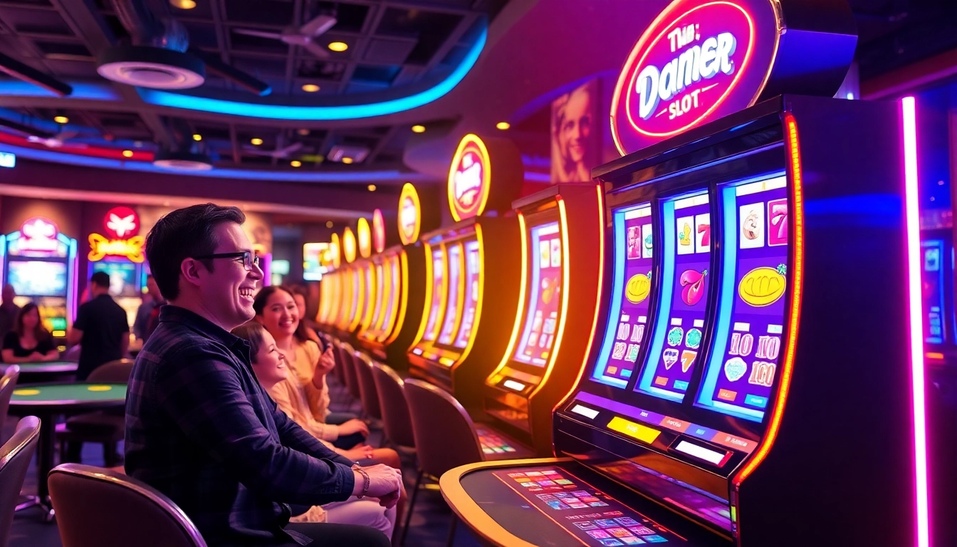 Exciting gaming scene with doaslot slot machines and players in a vibrant casino atmosphere.