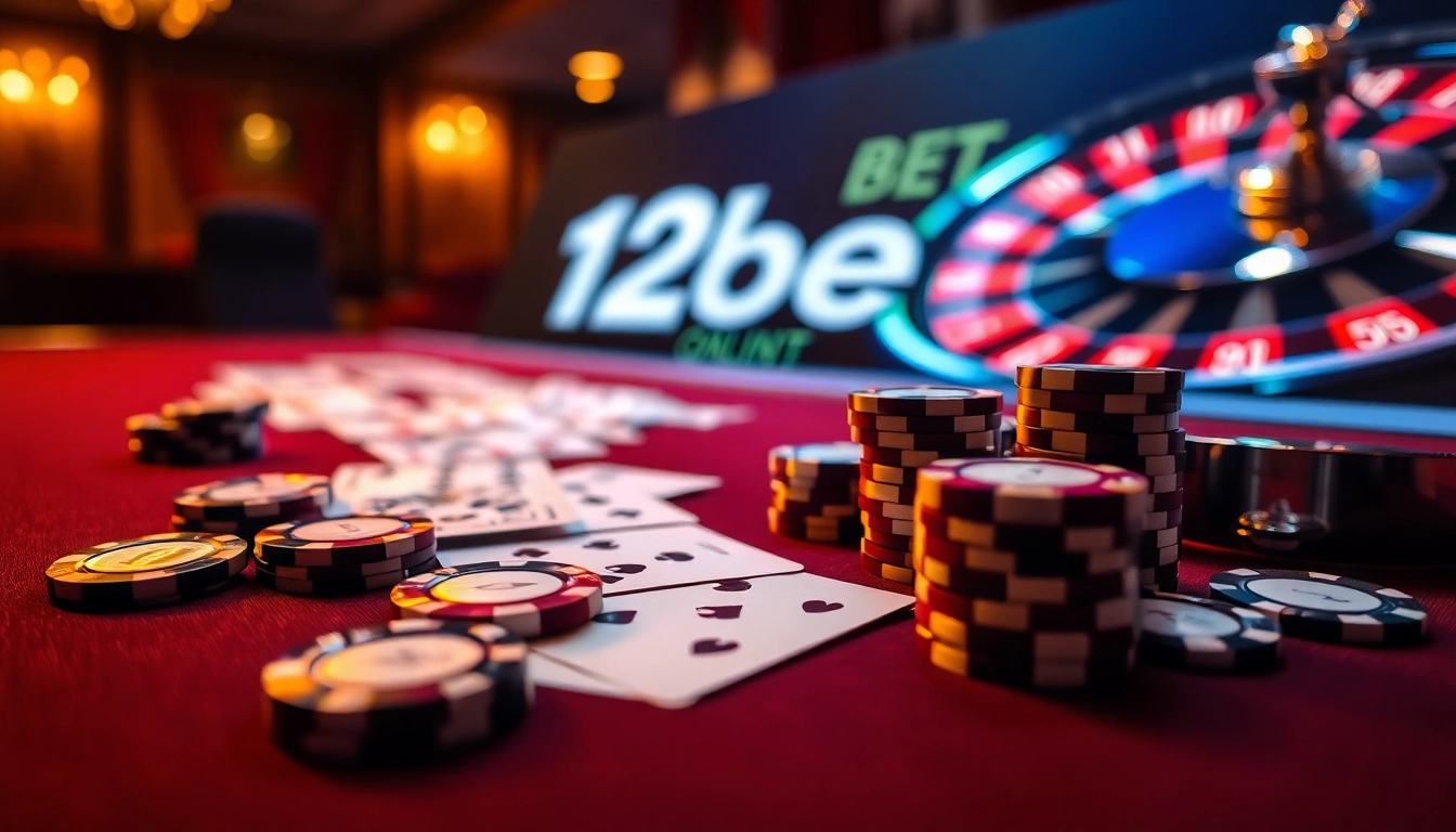 Experience the thrill of winning at 12bet with an elegant casino scene featuring poker chips and cards.