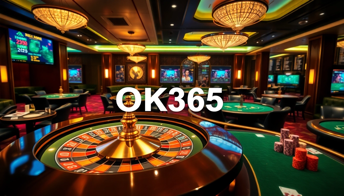 Experience the thrill of online gambling with the OK365 link, showcasing vibrant casino games and luxury ambiance.