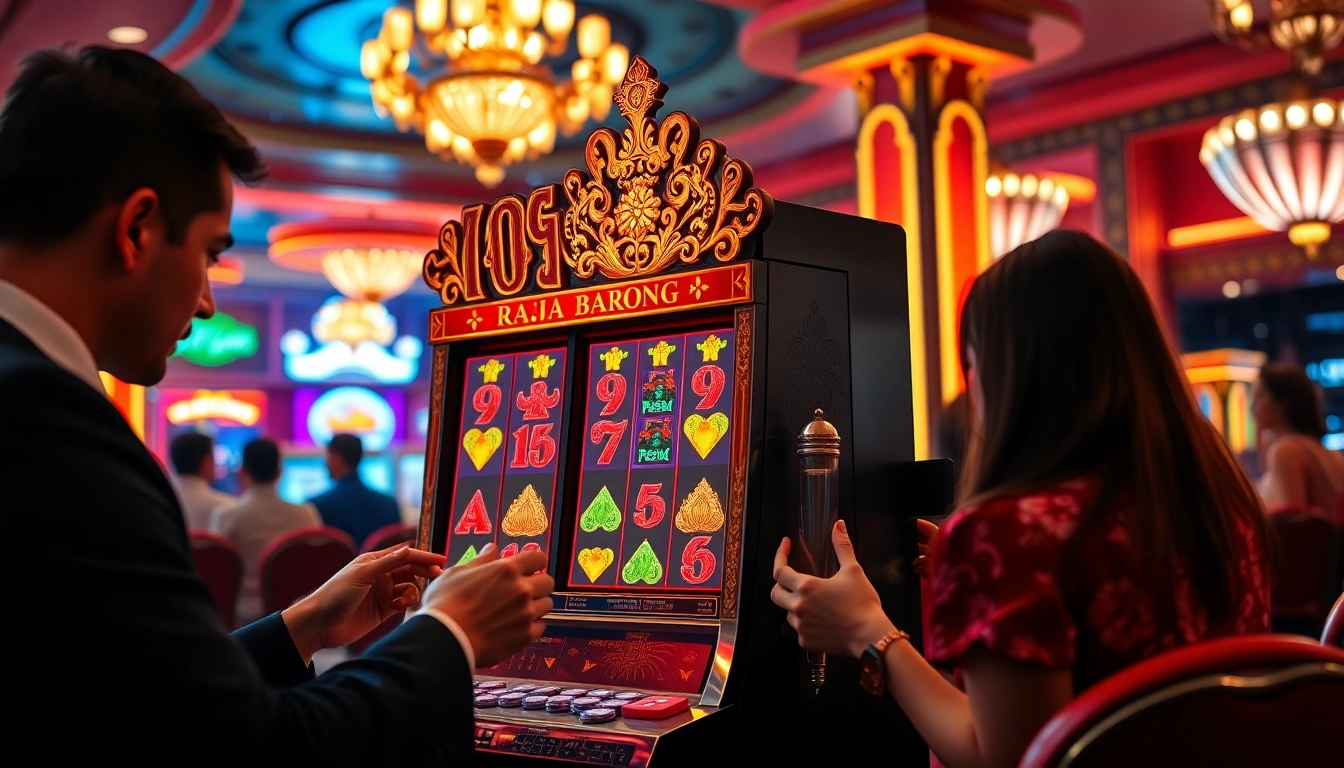 Experience the thrill of raja barong at an elegant casino slot machine with vibrant lights and excitement.
