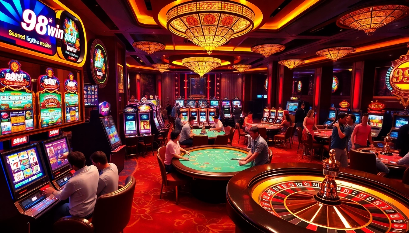 Experience the excitement of 98win with poker chips and vibrant slot machines in a luxurious casino setting.