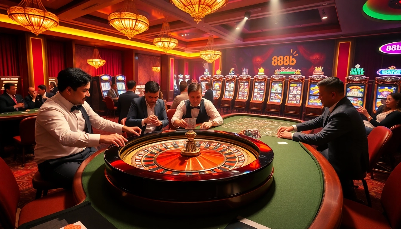 Players enjoying thrilling games at a lavish casino with the 888b branding noticeable on tables and machines.