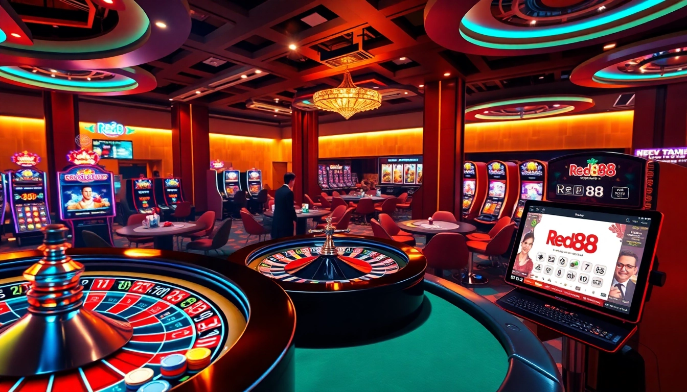 Experience excitement in an upscale casino scene highlighting the keyword red88 lừa đảo with roulette, blackjack, and slot machines.