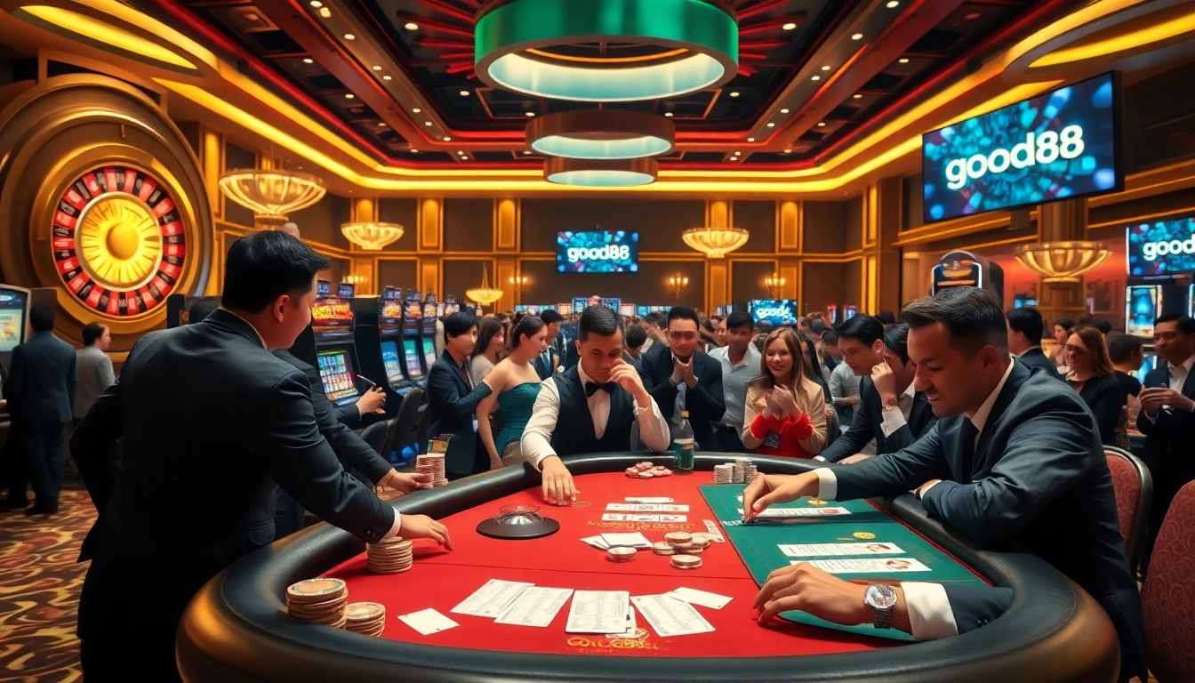 Excitement fills the air at good88 casino with players enjoying poker tables and roulette.