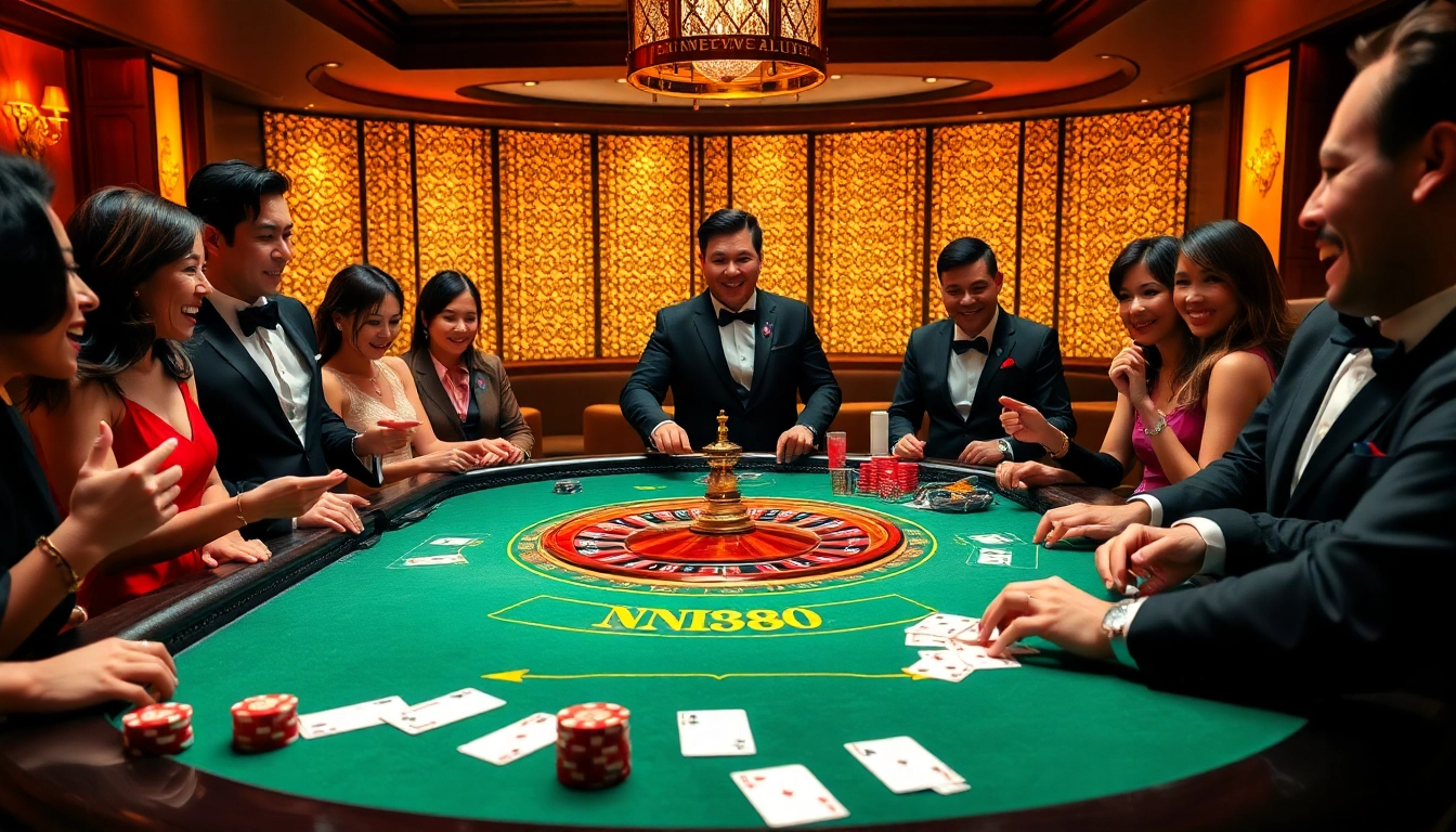 Players enjoying an NK88-themed poker game at a luxurious casino table, filled with excitement and bets.