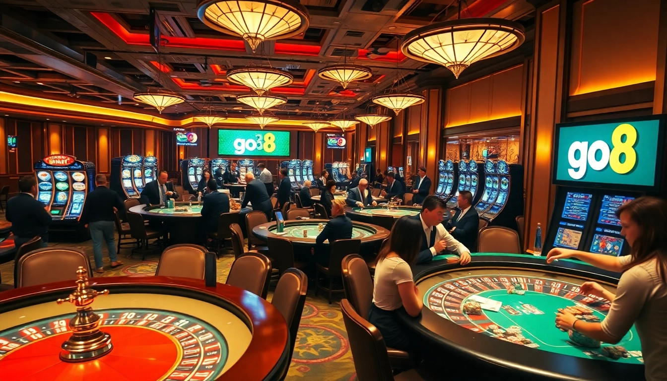 Experience go8 thrills at a luxurious casino with poker tables and roulette wheels.