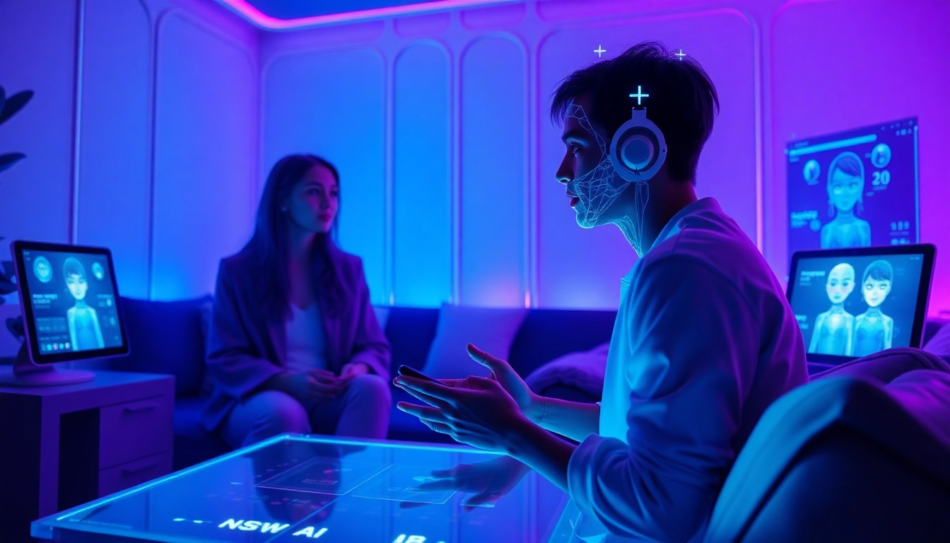Engaging scene of a user interacting with NSFW character AI in a modern digital lounge.