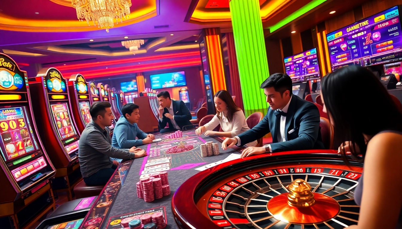 Gamblers enjoying thrilling experiences at 88i nhà cái online casino tables with vibrant visuals.