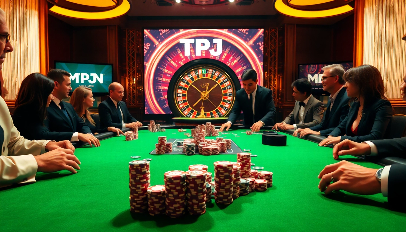 Engaged players at a TPJ-themed poker table in a luxurious casino setting.