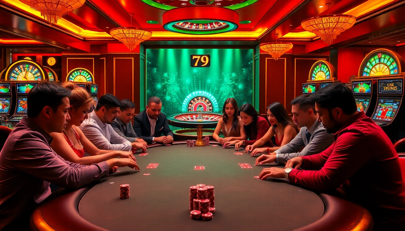 Gamblers strategizing at a luxurious 79king poker table with vibrant chips and cards.