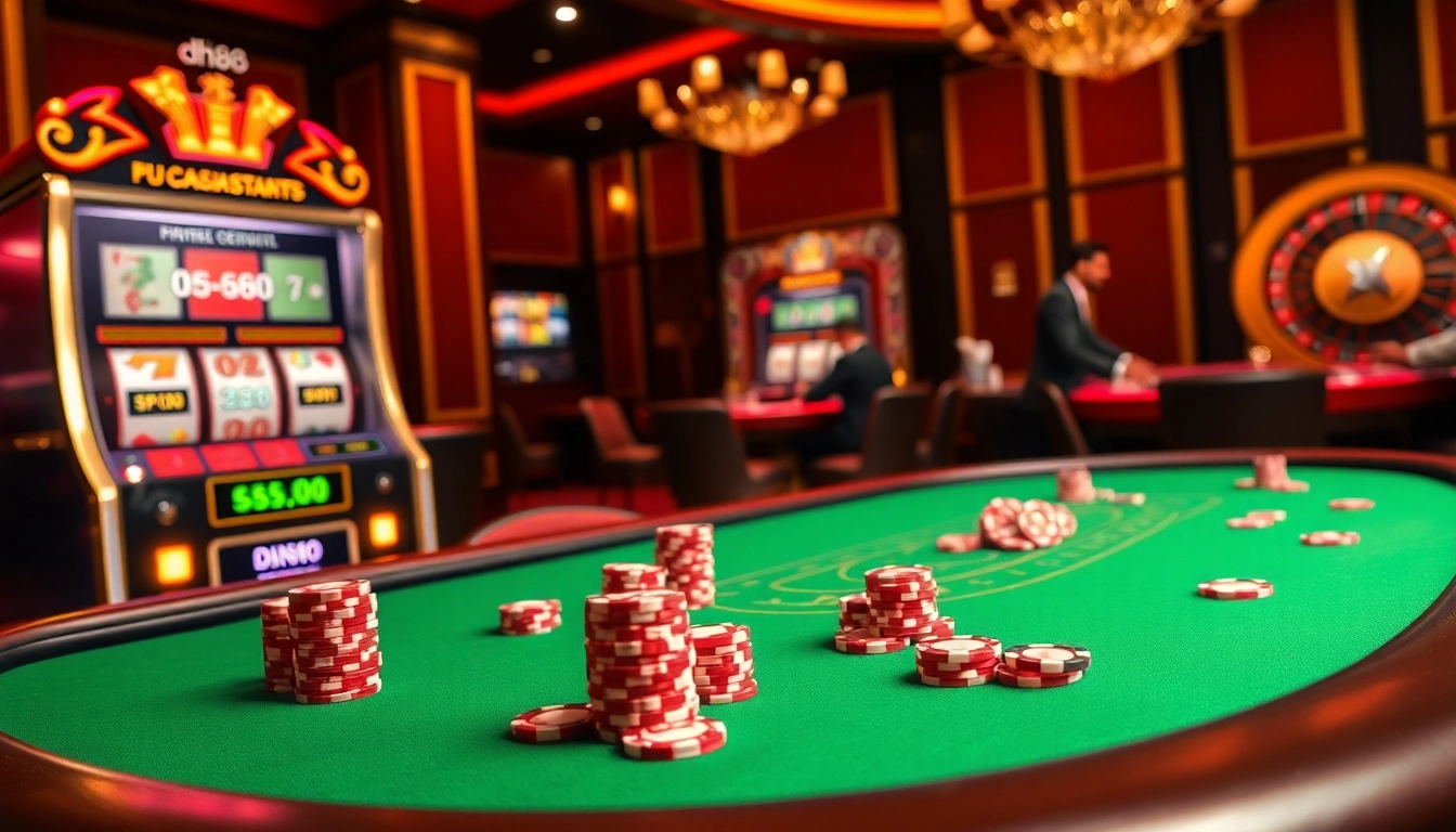 Engaging scene of high-stakes poker action at a casino table with dh88-themed chips.