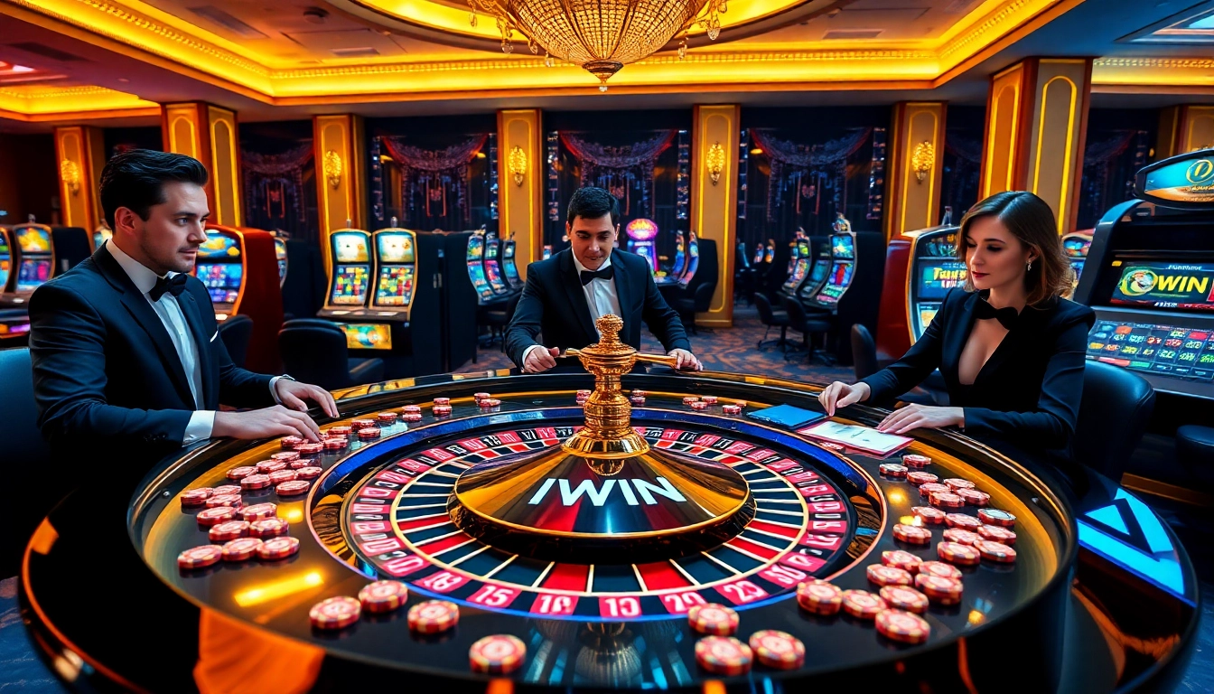 IWIN Casino scene with players at roulette table and vibrant casino elements
