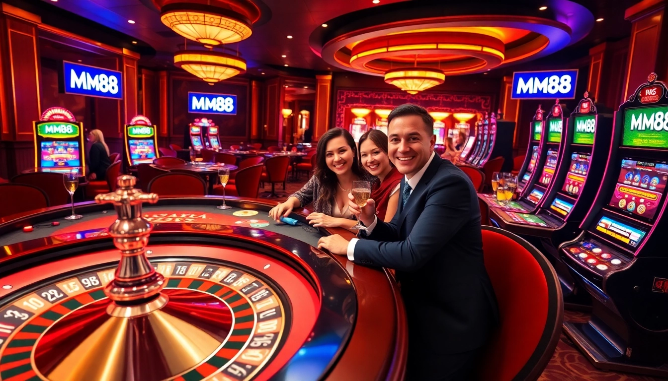Players enjoying casino games like poker and roulette at MM88, immersed in a vibrant atmosphere.