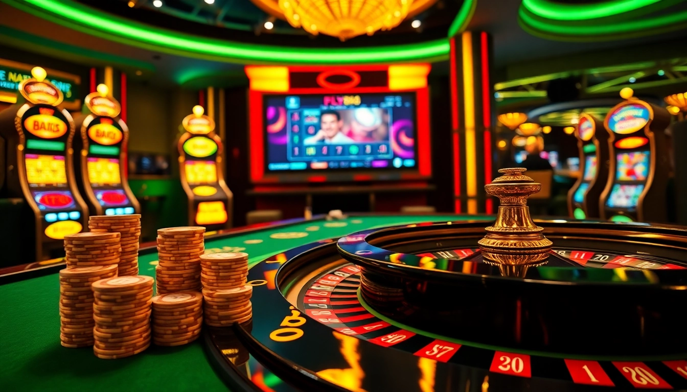 Experience the thrill of FLY88 at an opulent casino showcasing roulette, poker chips, and slot machines.