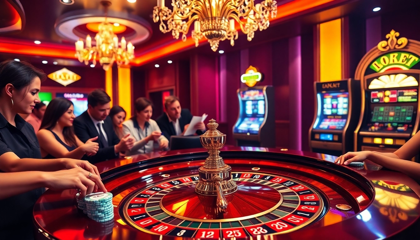 Players engaging in thrilling bets at the luxurious 89bet casino with roulette and slot machines.