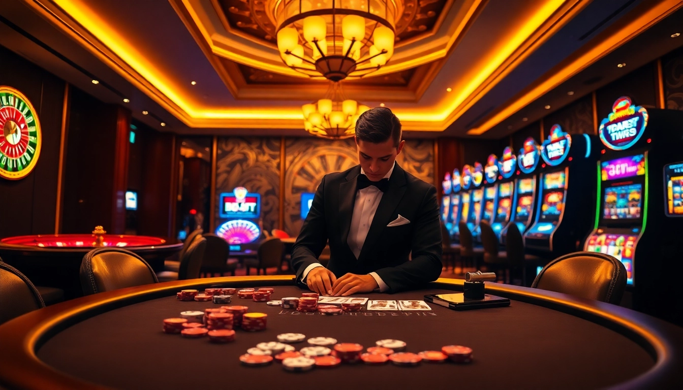 Experience high-stakes poker at 98win with vibrant chips and illuminated casino tables.