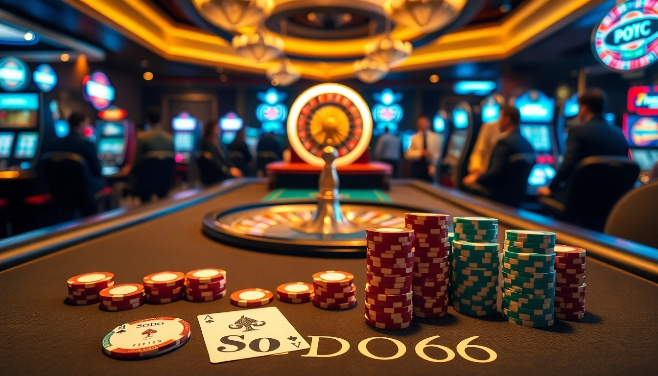 SODO66 poker table with vibrant chips and cards in a luxurious casino setting, showcasing excitement.