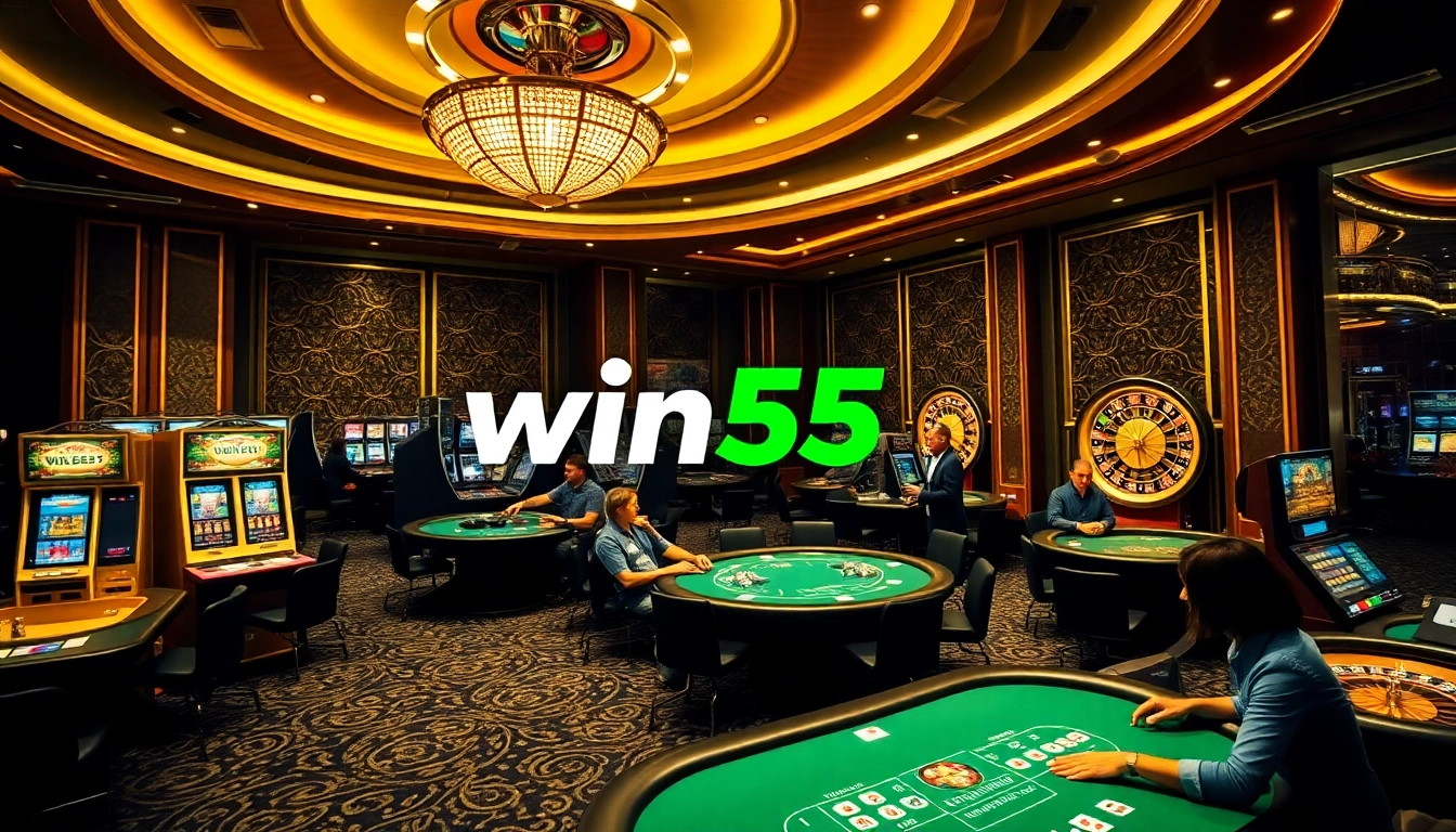 Engaging scene at the win55 casino with players enjoying poker and slot machines.