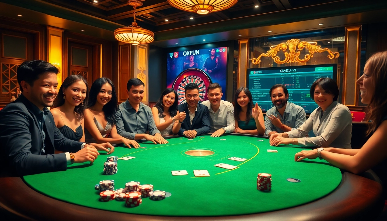 Players enjoying an intense poker game at an upscale casino featuring okfun's online gambling interface.