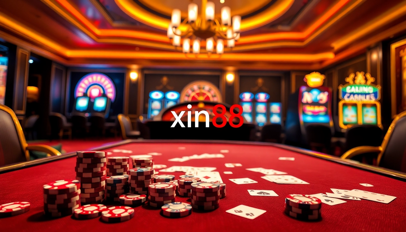 Experience exhilarating gameplay at xin88 with a vibrant casino scene showcasing tables, poker chips, and roulette.