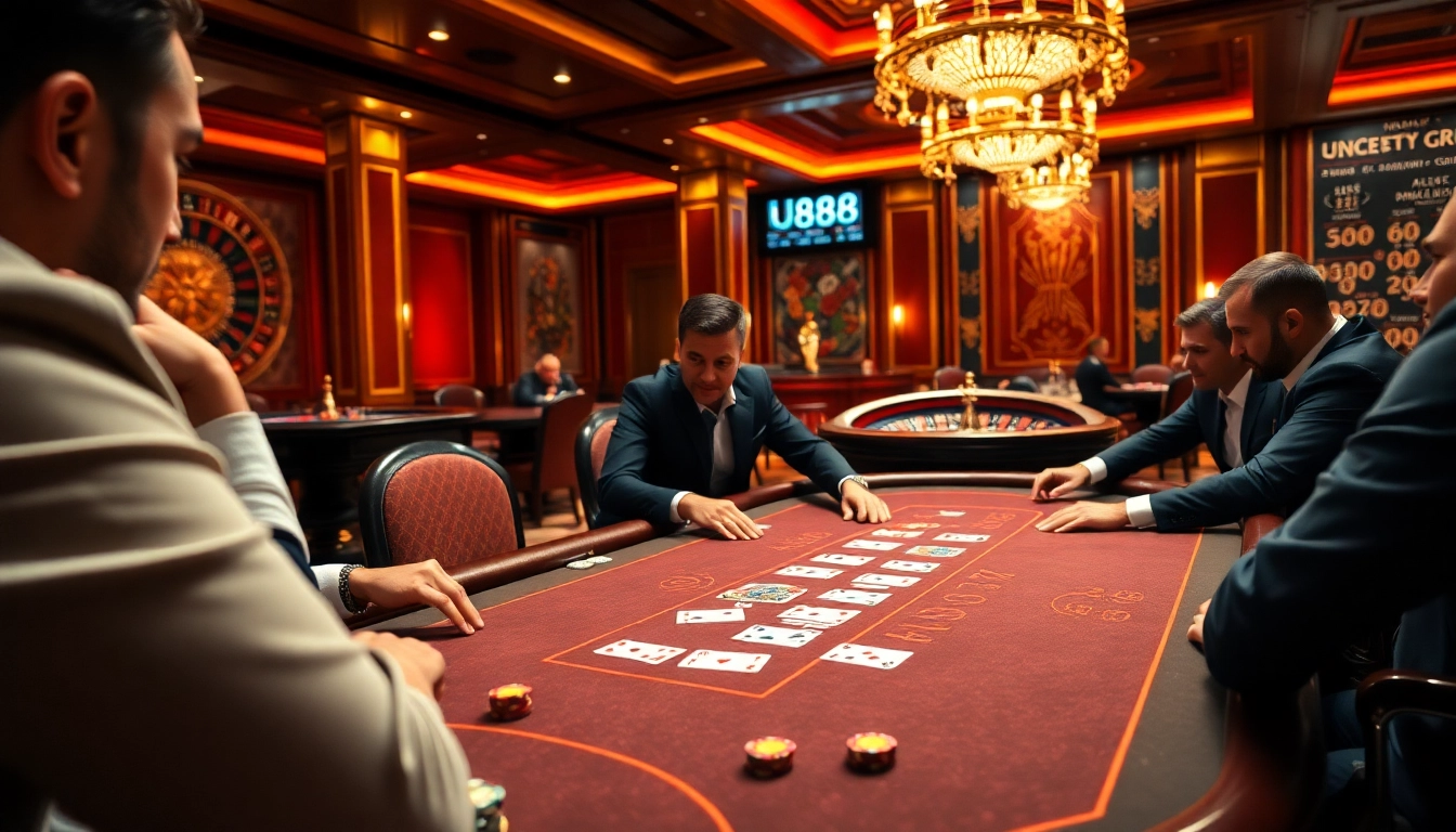 Players enjoying a thrilling poker game at the U888 casino table, surrounded by luxury.
