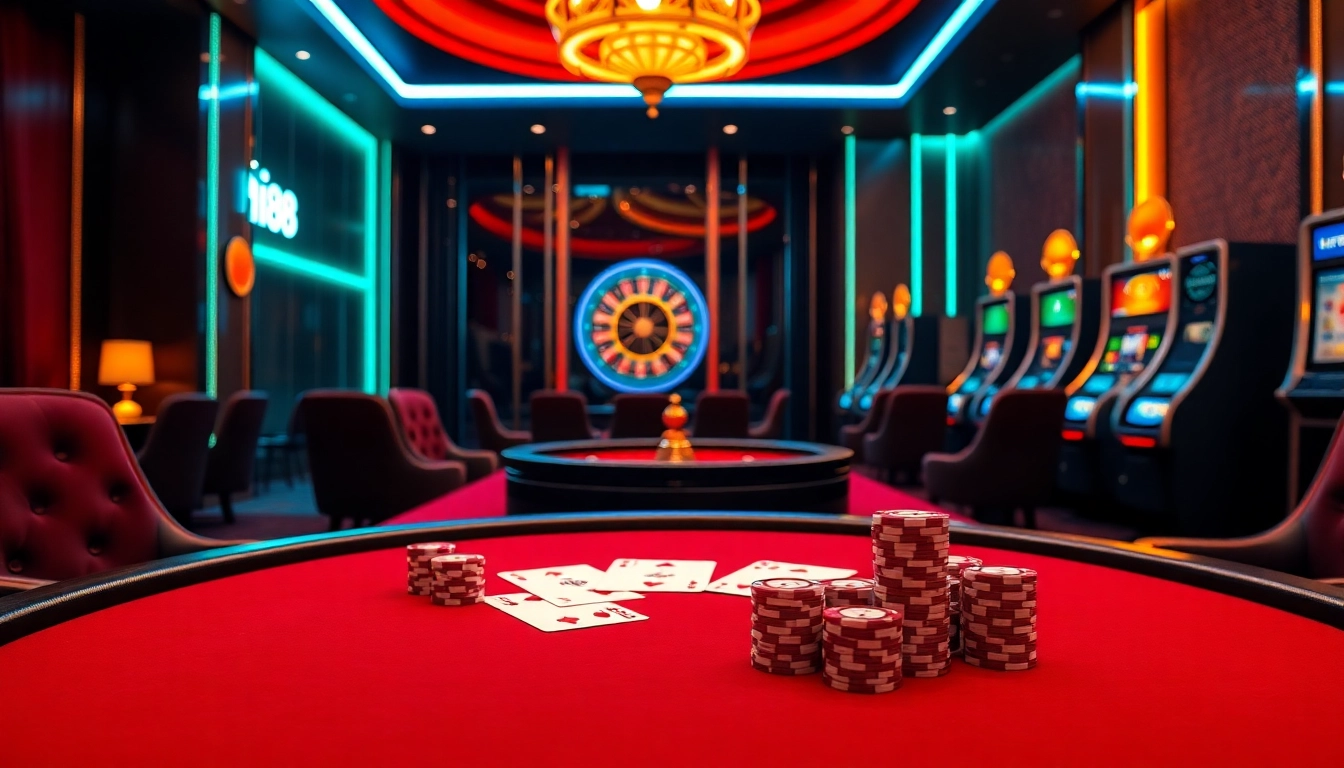 Engaging casino players in a vibrant Hi88 poker scene featuring colorful chips and cards.