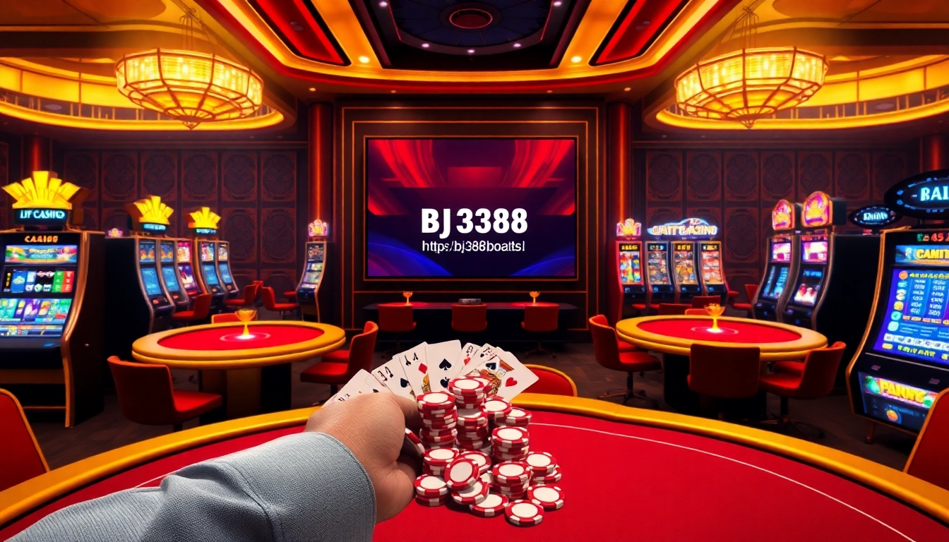 Exciting gambling scene showcasing poker and slots at https://bj388.boats/ with luxurious setup.