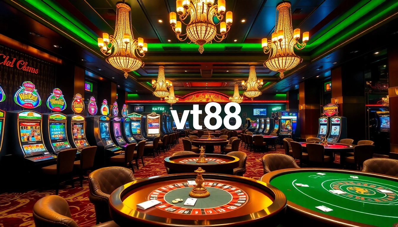 Engaging casino scene highlighting vt88 with vibrant slot machines and poker chips.