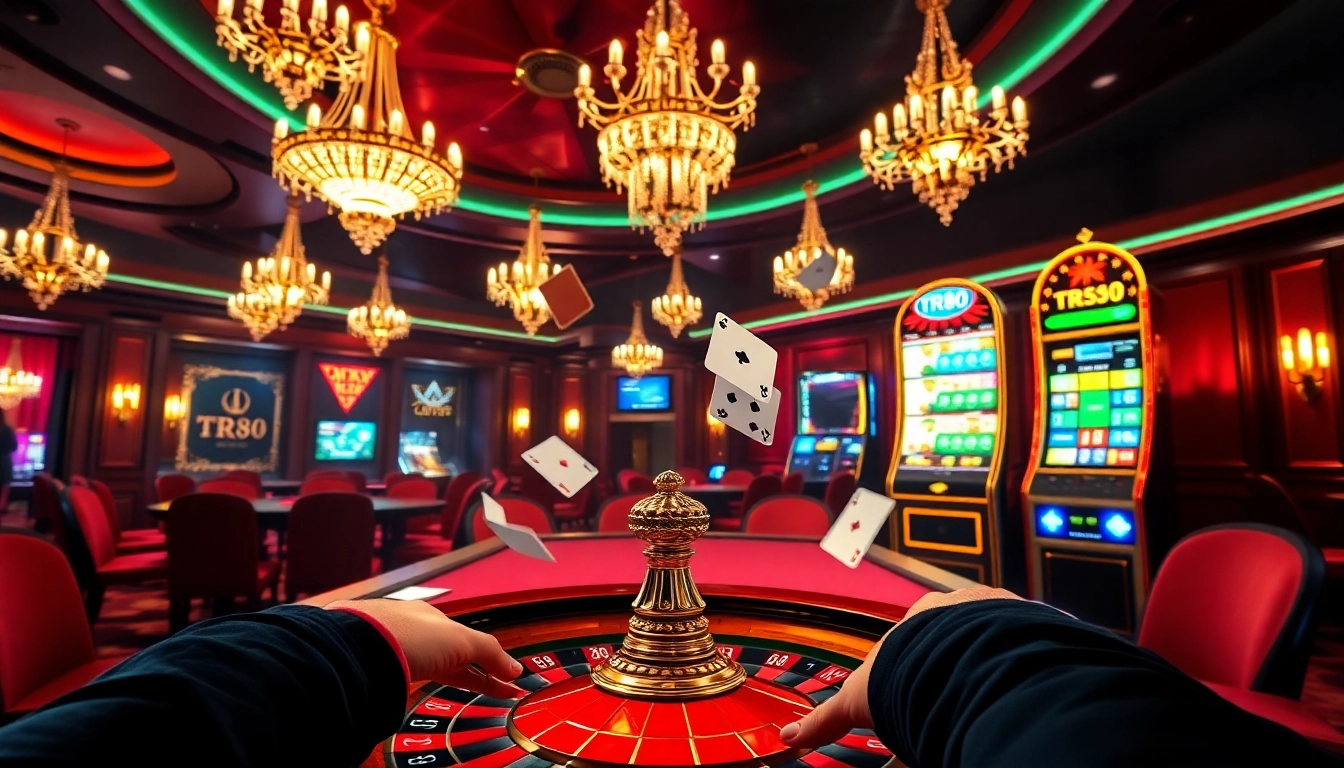 TR88 online gambling experience featuring vibrant casino elements like cards and roulette.