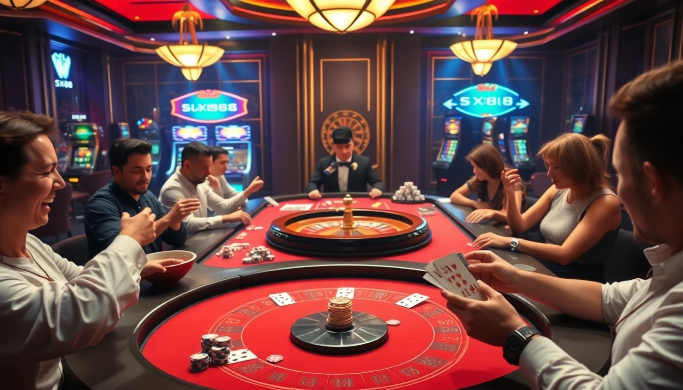Players enjoying high-stakes gaming at the SX88 casino table, vibrant ambiance.